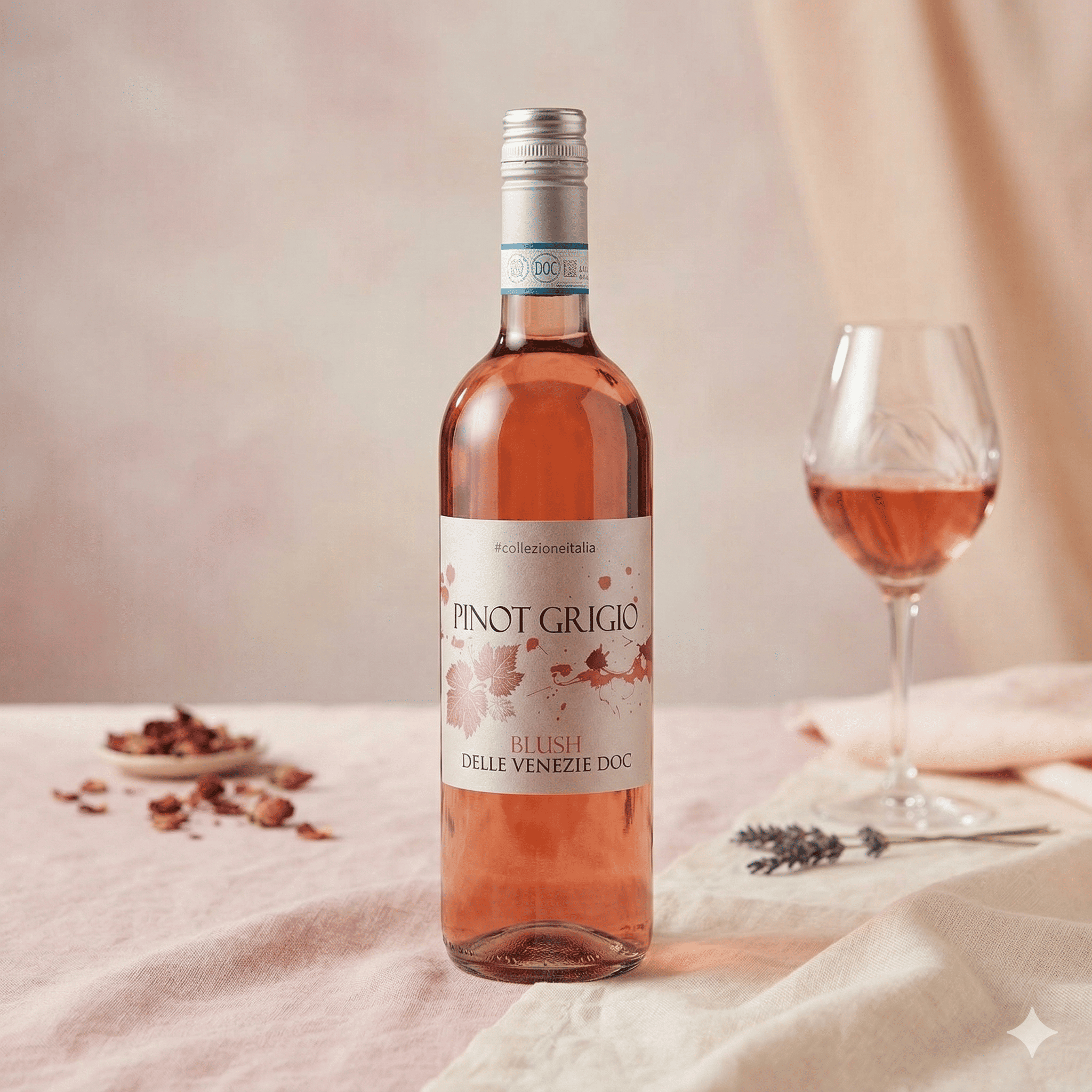 Pinot Grigio 2024 - Vinho Rosé - Rótulo e detalhes da garrafa de vinho rosé italiano Ca' del Sette