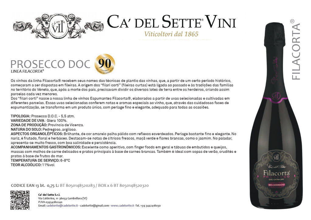Filacorta Prosecco 2022 - Espumante - Espumante italiano Ca' del Sette da região de Veneto, garrafa 750ml