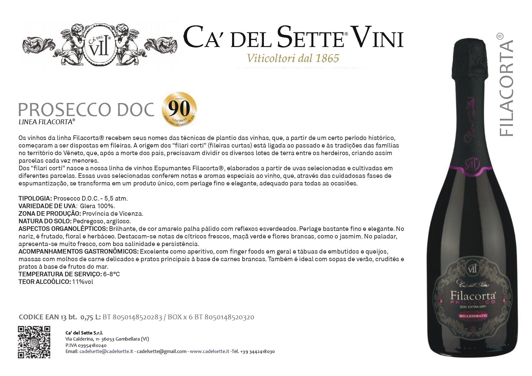 Filacorta Prosecco 2022 - Espumante - Espumante italiano Ca' del Sette da região de Veneto, garrafa 750ml