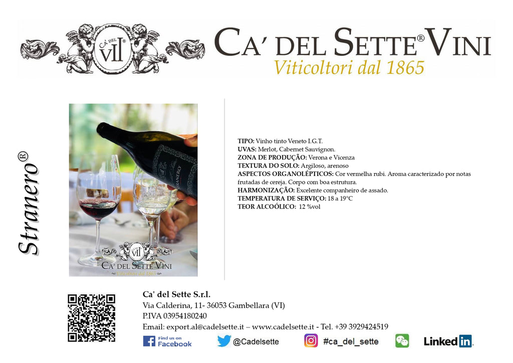 Stranero 2018 - Vinho Tinto - Vinho Tinto italiano Ca' del Sette da região de Veneto, garrafa 750ml
