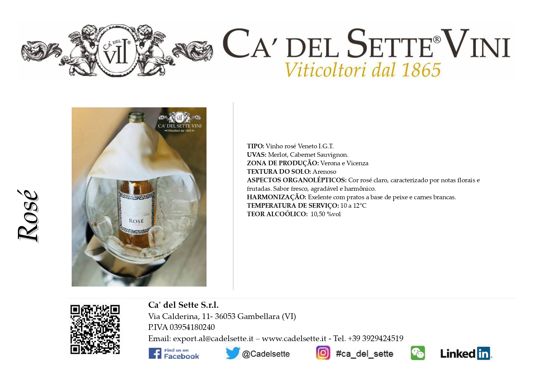 Rosato 2023 - Vinho Rosê - Vinho Rosé italiano Ca' del Sette da região de Veneto, garrafa 750ml