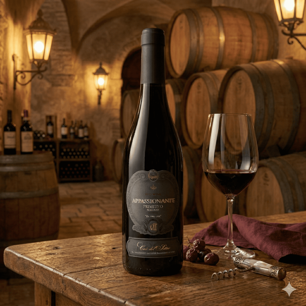 Appassionante Primitivo 2020 - Vinho Tinto - Rótulo e detalhes da garrafa de vinho tinto italiano Ca' del Sette