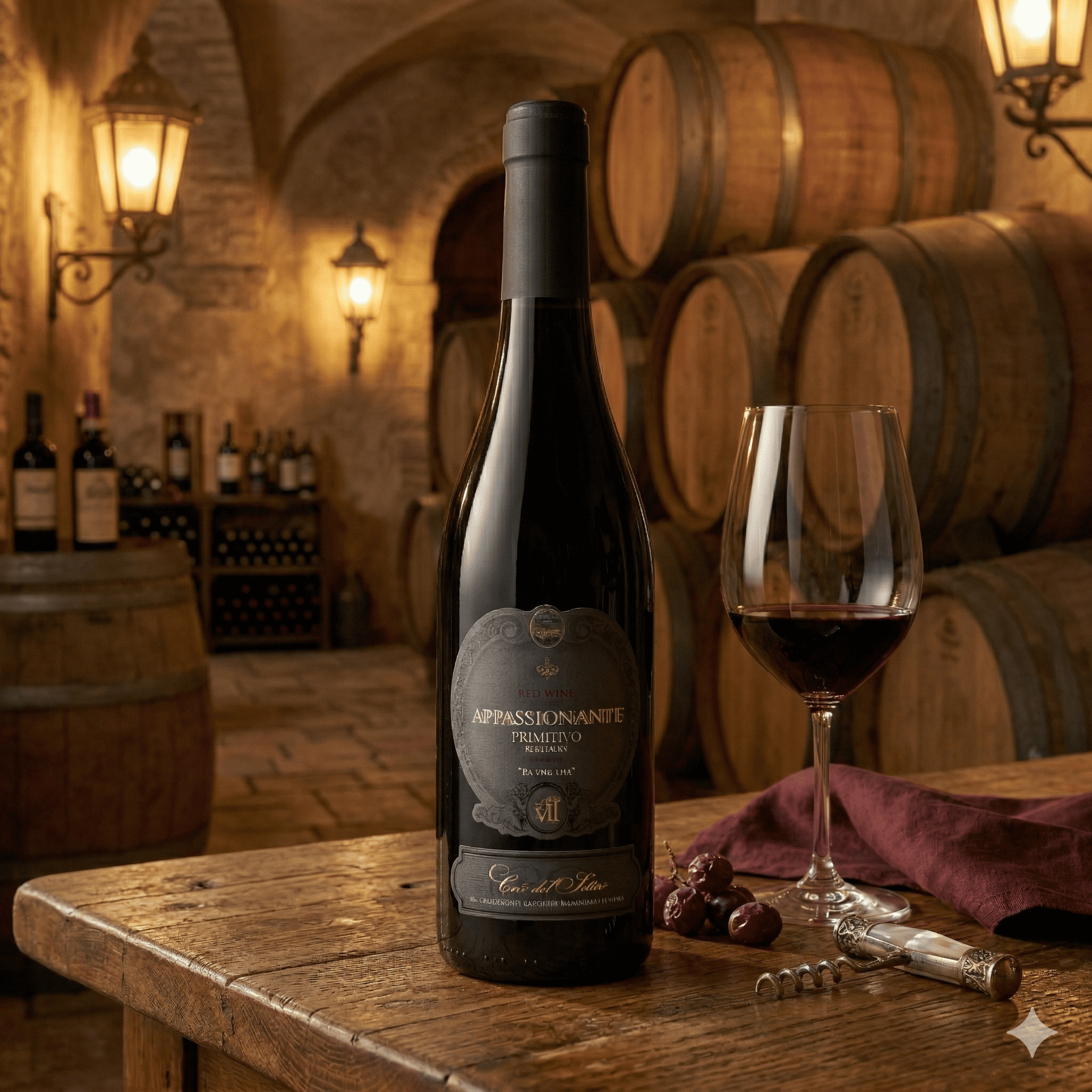 Appassionante Primitivo 2020 - Vinho Tinto - Rótulo e detalhes da garrafa de vinho tinto italiano Ca' del Sette