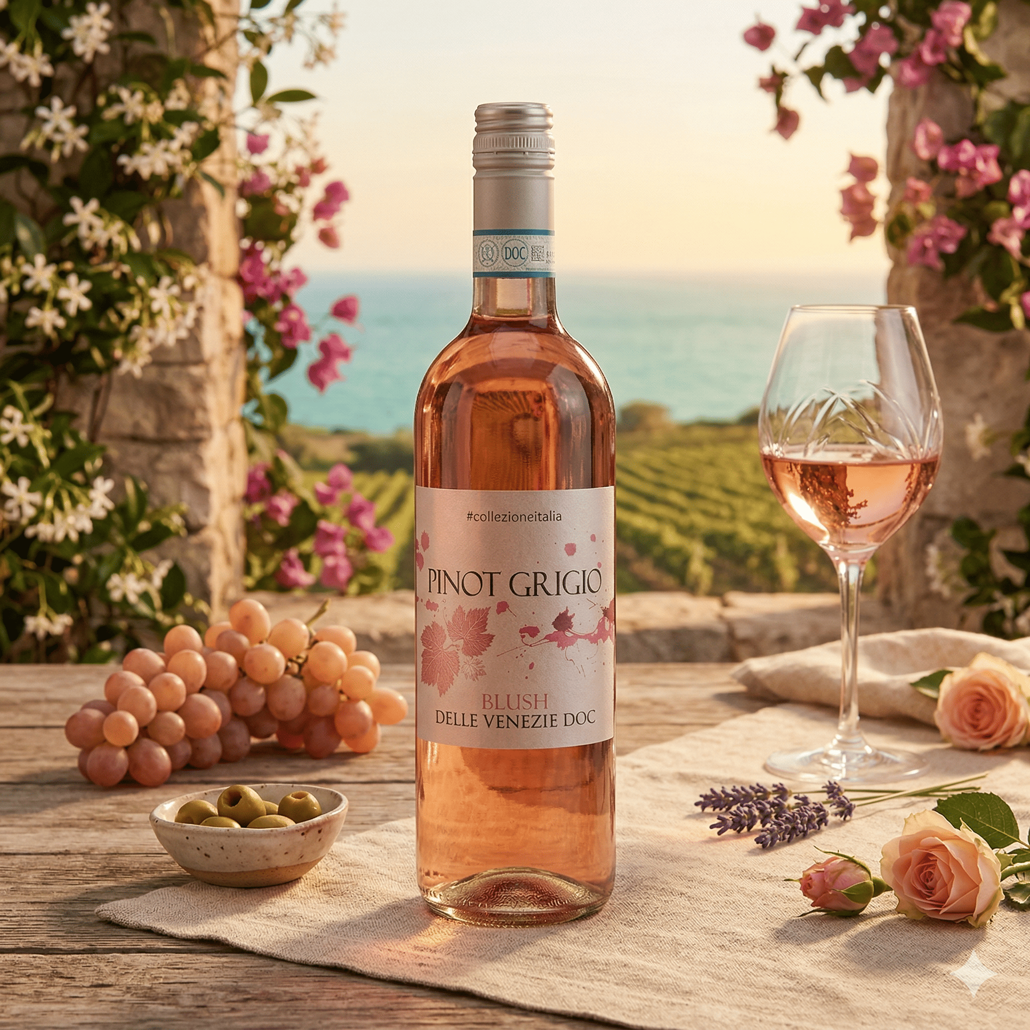 Pinot Grigio 2024 - Vinho Rosé - Vinho Rosé italiano servido em taça, ideal para harmonização