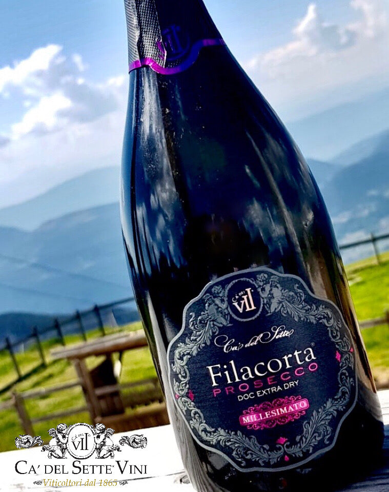 Filacorta Prosecco 2022 - Espumante - Rótulo e detalhes da garrafa de espumante italiano Ca' del Sette