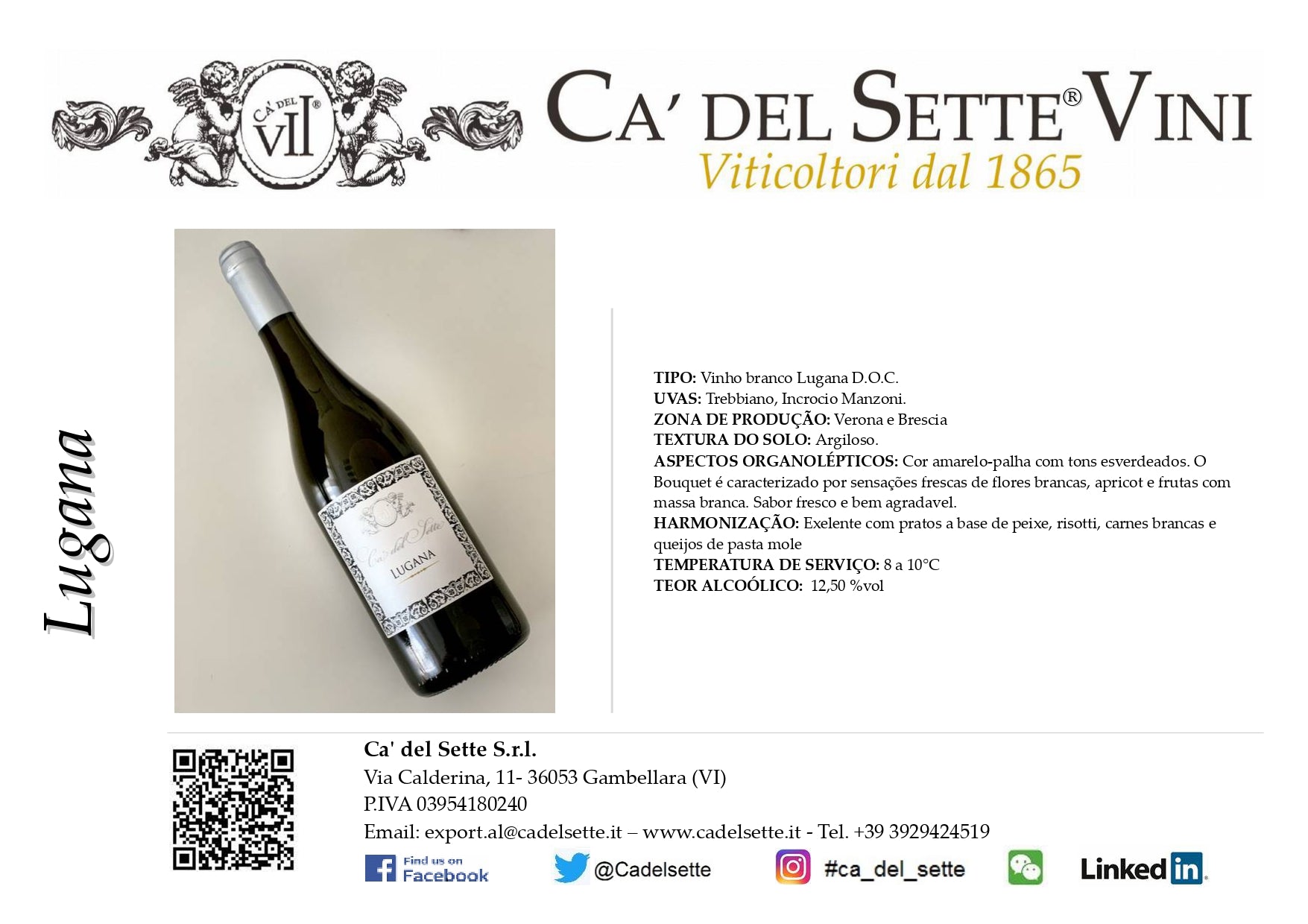 Lugana 2025 - Vinho Branco - Vinho Branco italiano Ca' del Sette da região de Veneto, garrafa 750ml