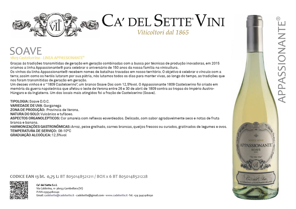 Appassionante Soave 2023 - Vinho Branco - Vinho Branco italiano Ca' del Sette da região de Veneto, garrafa 750ml