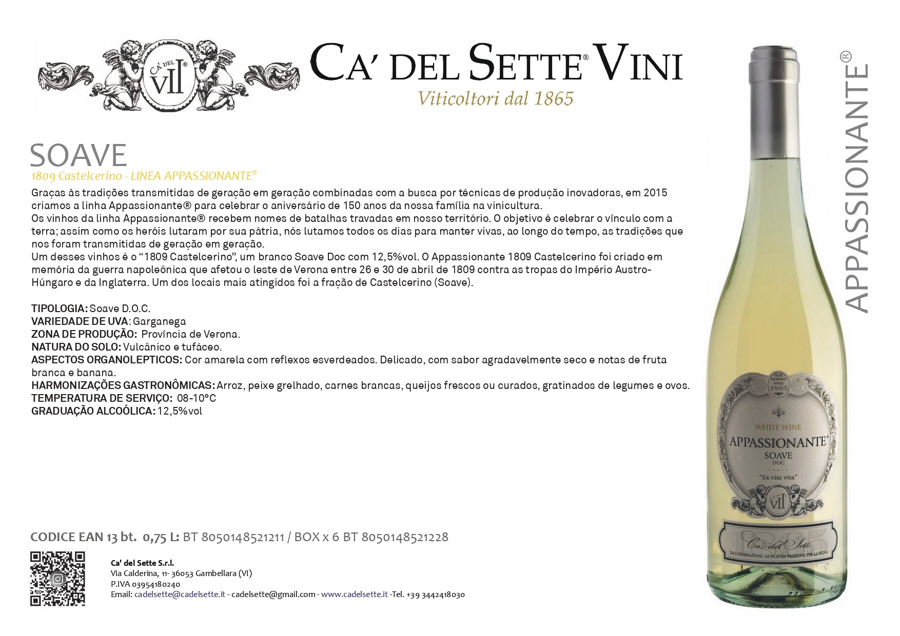 Appassionante Soave 2023 - Vinho Branco - Vinho Branco italiano Ca' del Sette da região de Veneto, garrafa 750ml