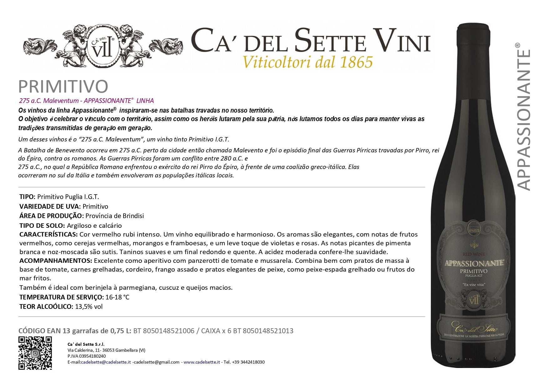 Appassionante Primitivo 2020 - Vinho Tinto - Vinho Tinto italiano Ca' del Sette da região de Veneto, garrafa 750ml