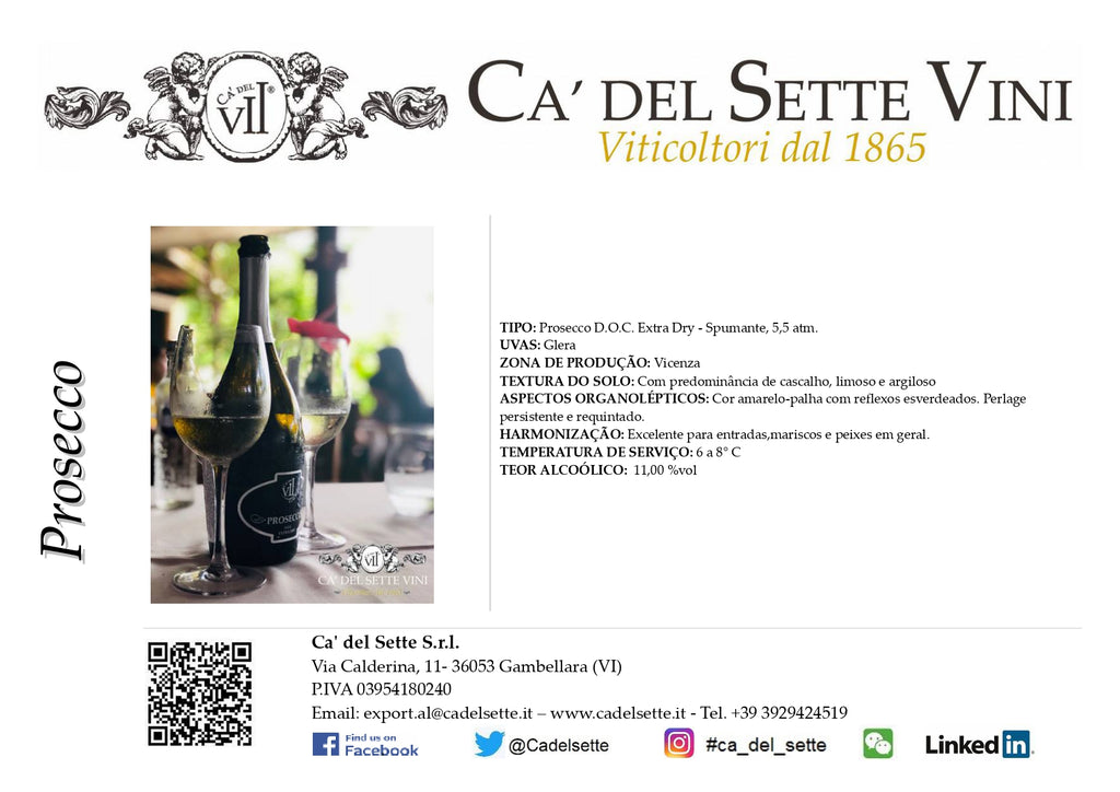 Prosecco Extra Dry 2024 - Espumante - Espumante italiano Ca' del Sette da região de Veneto, garrafa 750ml