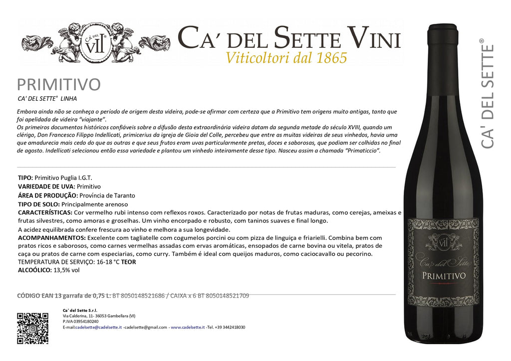 Primitivo 2021 - Vinho Tinto - Vinho Tinto italiano Ca' del Sette da região de Veneto, garrafa 750ml