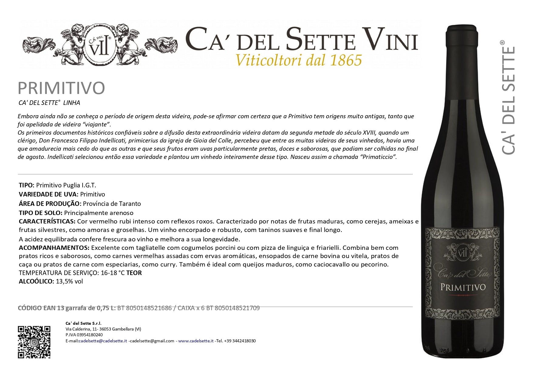Primitivo 2021 - Vinho Tinto - Vinho Tinto italiano Ca' del Sette da região de Veneto, garrafa 750ml