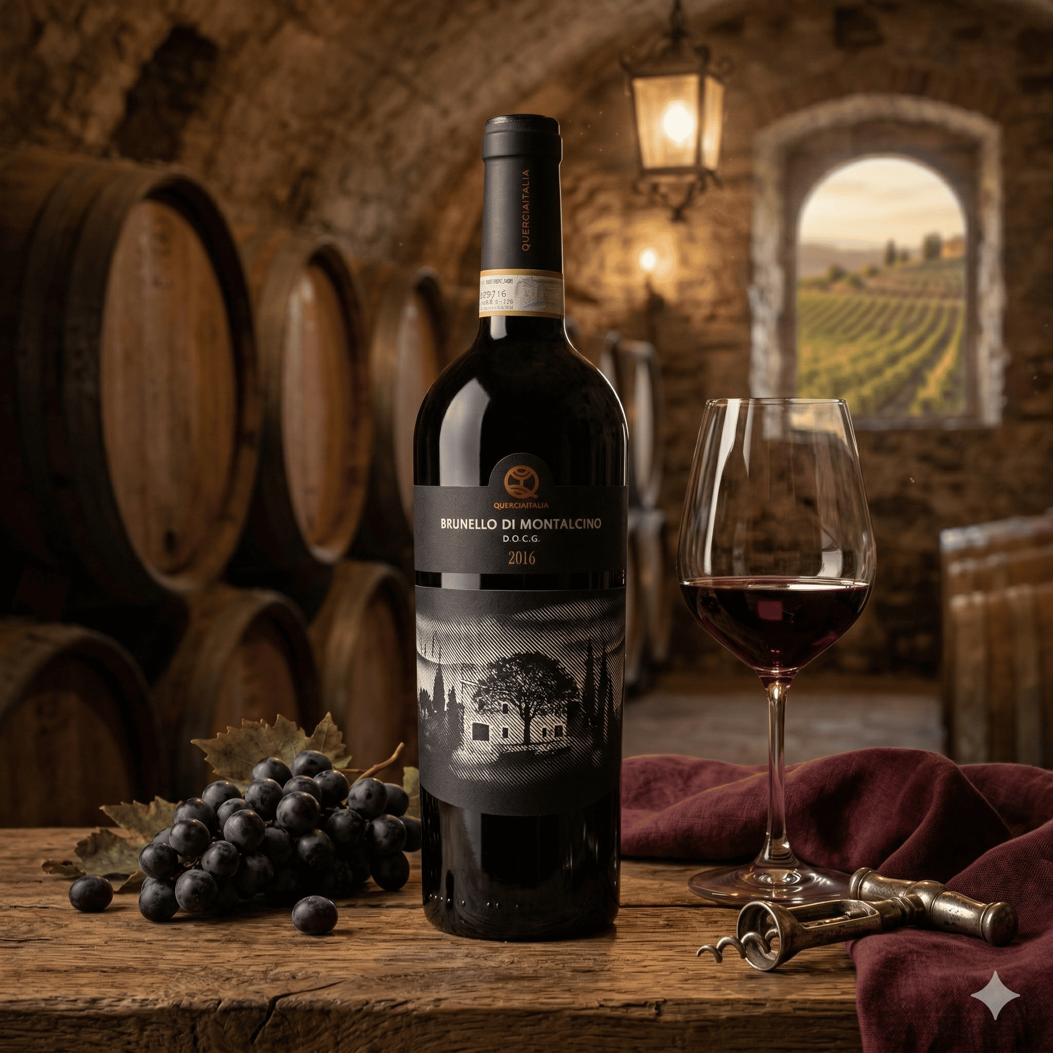 Brunello di Montalcino 2016 - Vinho Tinto - Rótulo e detalhes da garrafa de vinho tinto italiano Ca' del Sette