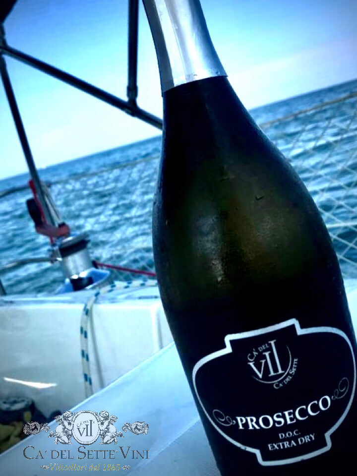 Prosecco Extra Dry 2024 - Espumante - Rótulo e detalhes da garrafa de espumante italiano Ca' del Sette