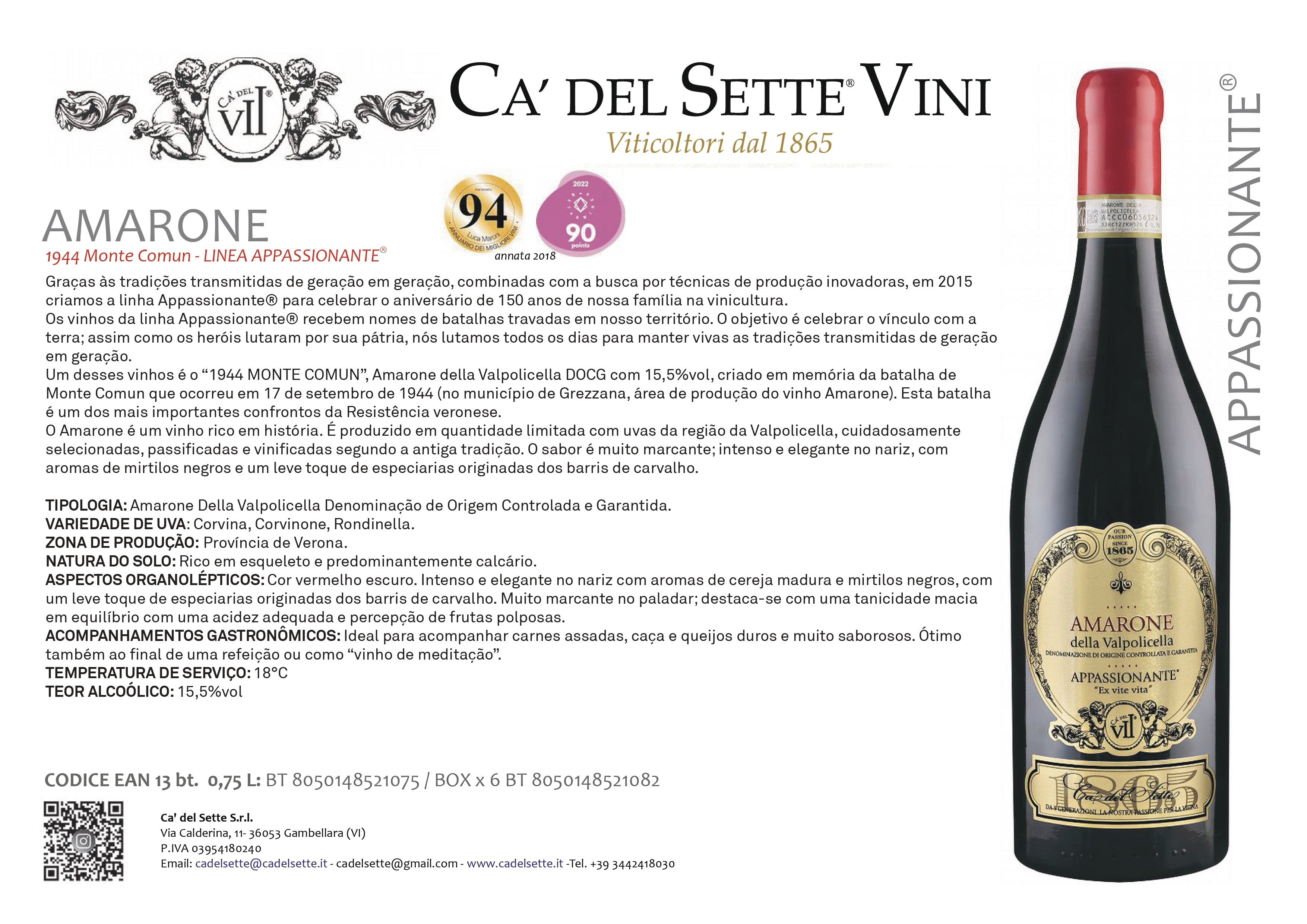 Appassionante Amarone 2018 - Vinho Tinto - Vinho Tinto italiano Ca' del Sette da região de Veneto, garrafa 750ml